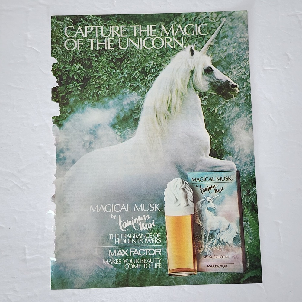 Vtg Print Ad Magical Musk by Toujours Moi perfume white unicorn clipping 1984